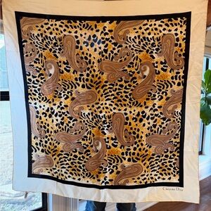 Dior Leopard and Paisley Print Scarf in Black, Brown, and Cream